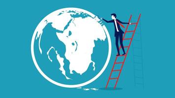 businessman climbing ladder to reach the world map vector