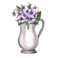 Vintage silver jug full of violets. Antique vase with flowers. Floral bouquet in a vase. Hand-drawn watercolor illustration for postcards, scrapbooking, stickers, printing design. png