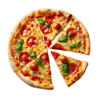 Freshly Baked Pizza with a Cut Slice, Delicious Italian Cuisine, Isolated on Transparent Background. png