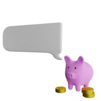 3D illustration of piggy bank and coins with speech bubble next to them png