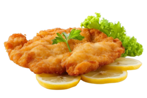 Fried Fish With Lemon Slices and Lettuce png