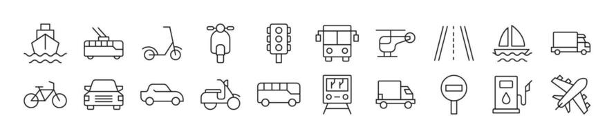 Pack of line icons of transport. Editable stroke. Simple outline sign for web sites, newspapers, articles book vector