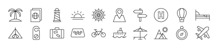 Pack of line icons of travel. Editable stroke. Simple outline sign for web sites, newspapers, articles book vector