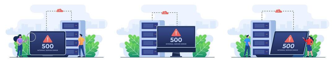 Set of flat illustrations of 500 Internal server error, Website error, Network error, Cloud computing vector