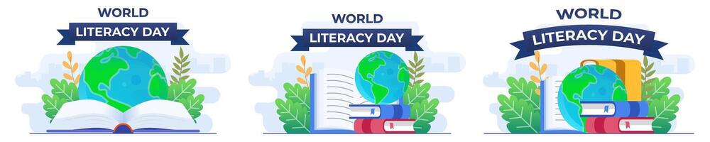 Set of flat illustrations of International Literacy Day with books and globe, 8th September, Reading books, World Literacy Day celebration, Happy Literacy Day vector