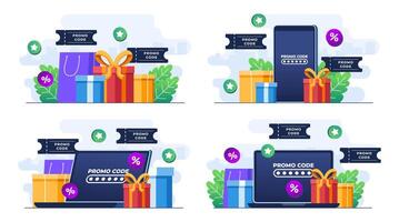 conjunto de plano ilustraciones de utilizando promoción código en en línea compras verificar, descuento código, regalo vale, regalo tarjeta, prima, promoción Campaña vector
