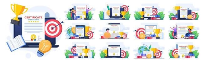 Set of flat illustrations of certificate concepts, Award, Prize and appreciation concept, Online education, training course, E-learning, Digital certificate program, Remote and distance study vector