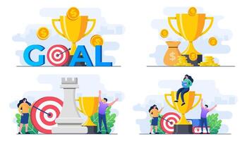 set of flat illustrations of business and marketing strategy, Strategic planning and tactics in business, strategic thinking, Analytics in Finance, achieving financial goals, Trophy, award and reward vector