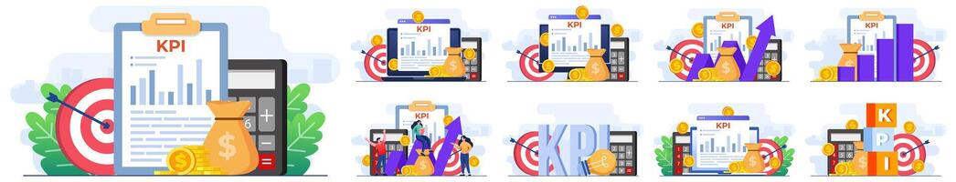 conjunto de moderno plano ilustraciones de kpi, llave actuación indicadores negocio técnico conceptos, actuación evaluación y dinámica en panel, estrategia, datos informe, eficiente flujo de trabajo vector