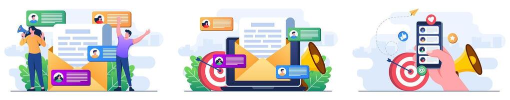 Set of modern flat illustrations of email marketing, Online business strategy, Advertising, Email newsletter, messaging, Marketing material concepts vector