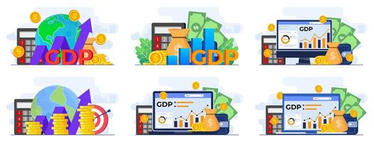 Set of flat illustrations of gross domestic product concepts, Stacks of money, National economy, Monetary policy, GDP, Economic Growth, Public finance, Growth graphs and chart vector