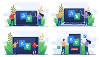 Set of flat illustrations of translation concepts, Translate languages, Online translator mobile applications, People translating languages vector