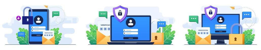 conjunto de plano ilustraciones de dos pasos verificación, otp, autenticación contraseña, una vez contraseña para seguro sitio web cuenta acceso, iniciar sesión página en dispositivo pantalla vector