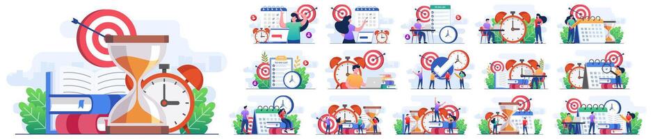 Set of flat illustrations of business time management, Project management, Productivity, Time planning, Exam deadline, Planner vector