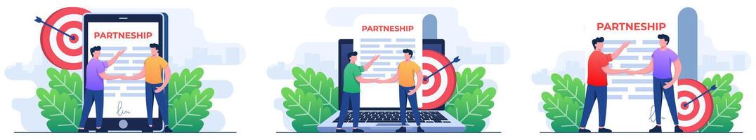 Set of flat illustrations of businessmen shaking hands over deal and agreement, Business partnership, Agreement, Organizations partnership, Partner deal vector