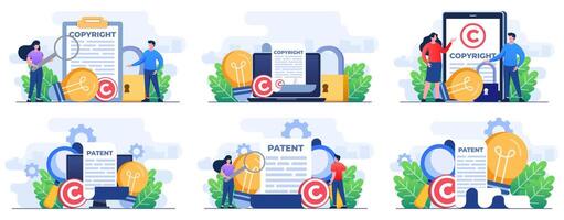 conjunto de plano ilustraciones patentar ley derechos de autor, derechos de autor reservado, patentado proteccion, intelectual propiedad, derechos de autor símbolo, electrónico legal documento, digital ley vector