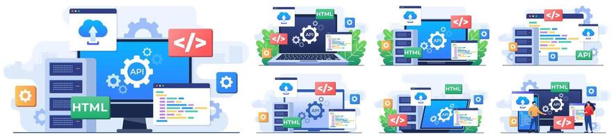 Set of modern flat illustrations of application Programming Interface concept, API provides the interface for communication between applications, Software development tool, Internet and networking vector