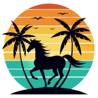 a horse is set against a vibrant, striped sunset backdrop with palm trees png