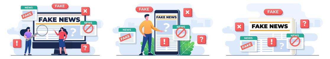 Set of flat illustrations of fake news concepts, false information on online news, Press, Junk news content, Disinformation in newspaper vector