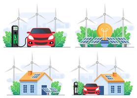 Set of flat illustrations of green energy technology concepts, Ecological transport, Ecology, Electrified transportation e-motion, Electric car, Solar panels, and wind turbines, Alternative energy vector