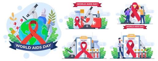 Set of flat illustrations of World AIDS Day concepts, Medical doctors with an HIV test tube are researching AIDS, Red Ribbon to raise awareness of the AIDS epidemic vector