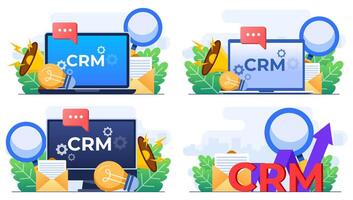 conjunto de moderno plano ilustraciones de crm, cliente relación administración conceptos, organización de datos en trabajo con clientela, empresa estrategia planificación, negocio datos análisis vector