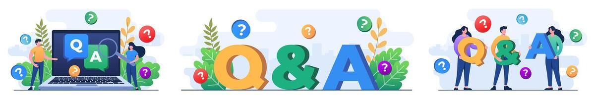 Set of flat illustrations of questions and answers, Frequently asked questions, FAQ, Q and A vector