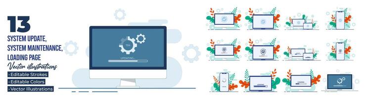 Set of flat illustrations of system maintenance, Error, Fixing trouble, Device updating, Software upgrade, System update, update operation system vector