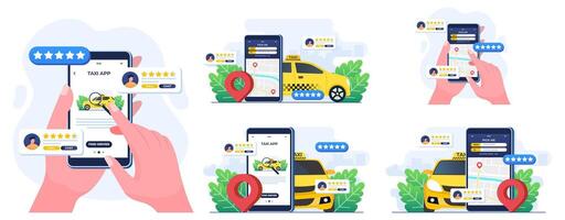 Set of flat illustrations of Find a taxi driver online, Online taxi, Taxi service application, Rent and share car, Remote vehicle sharing, Navigation pin vector