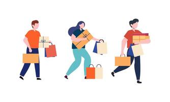 Collection of people carrying shopping bags with purchases illustration vector