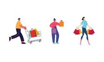 Collection of people carrying shopping bags with purchases illustration vector