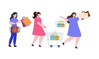 Collection of people carrying shopping bags with purchases illustration vector