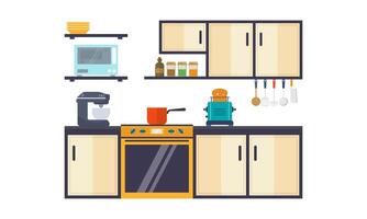 Home kitchenware, food and devices in color flat illustration vector