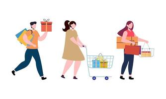 Collection of people carrying shopping bags with purchases illustration vector