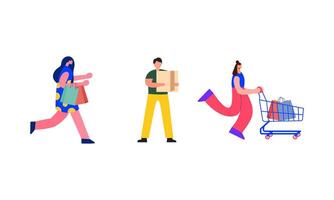 Collection of people carrying shopping bags with purchases illustration vector