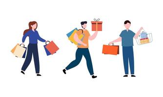 Collection of people carrying shopping bags with purchases illustration vector