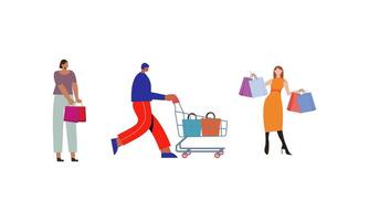 Collection of people carrying shopping bags with purchases illustration vector