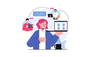 Freelance developer looking at the monitor and talking with colleagues in conference vector