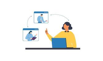 Freelance developer looking at the monitor and talking with colleagues in conference vector