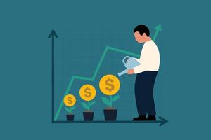 Investment Growth, Businessman Cultivating Dollar Symbolized Seedlings for Profit and Capital Gain. vector
