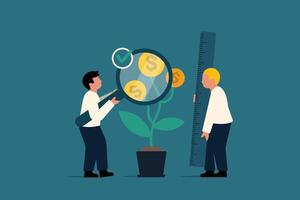 Financial Growth Tracking. Businessman Monitoring Dollar Coin Flower Plant Expansion. vector