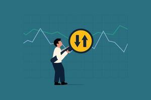 Stock Price Volatility Examination. Bid vs Ask Price Analysis. Businessman with Magnifier. vector