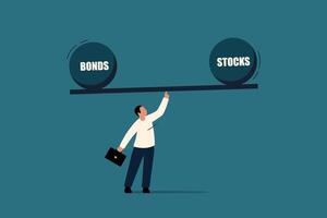 Stocks vs Bonds in Investment Portfolio. Businessman investor balance on stocks and bonds seesaw. vector