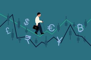 Businessman Navigating Financial Fluctuations. Fundamental Analysis and Currency Exchange Volatility. vector