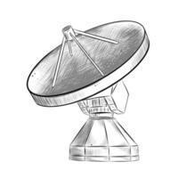 engraved style illustration for posters, decoration and print. Hand drawn sketch of satellite antenna in monochrome isolated on white background. Detailed vintage woodcut style drawing. vector