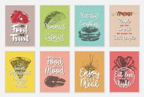 Set of 8 advertising barbecue, meat, fish, seafood, food and eating lettering posters, decoration, prints, cafe or kitchen interior design. Hand drawn typography with sketches. Mono line calligraphy. vector