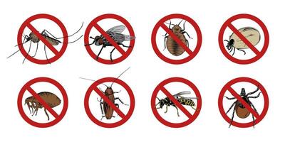 engraved style illustrations for posters, logo, emblem and badge. Hand drawn sketch set of insects, fly, sucker, mosquito, bug, wasp, mite, cockroach. Prohibited signs, stop, warning, forbidden vector