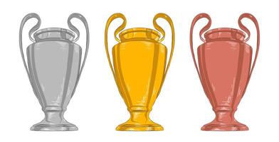 engraved style illustrations for posters, decoration and logo. Hand drawn sketches set of champion cup in colorful isolated on white background. Detailed vintage etching style drawing. vector