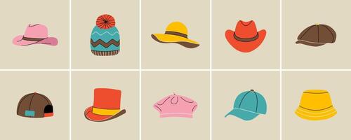 Set of head accessories element in modern flat line style. Hand drawn illustration of baseball cap, hat, panama, beret, cowboy hat fashion style, cartoon design, patch, badge, emblem. vector