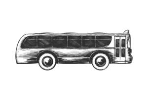 grabado estilo ilustración para carteles, decoración y impresión. mano dibujado bosquejo de turista autobús en monocromo aislado en blanco antecedentes. detallado Clásico xilografía estilo dibujo. vector